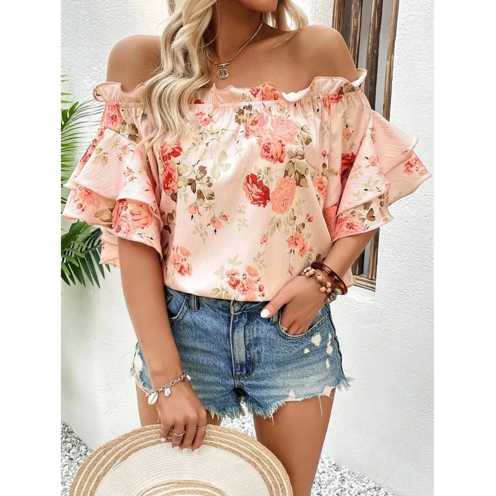 Floral Print Pink Off Shoulder Ruffle Detail Top Blouse Shirt - Picture 5 of 8